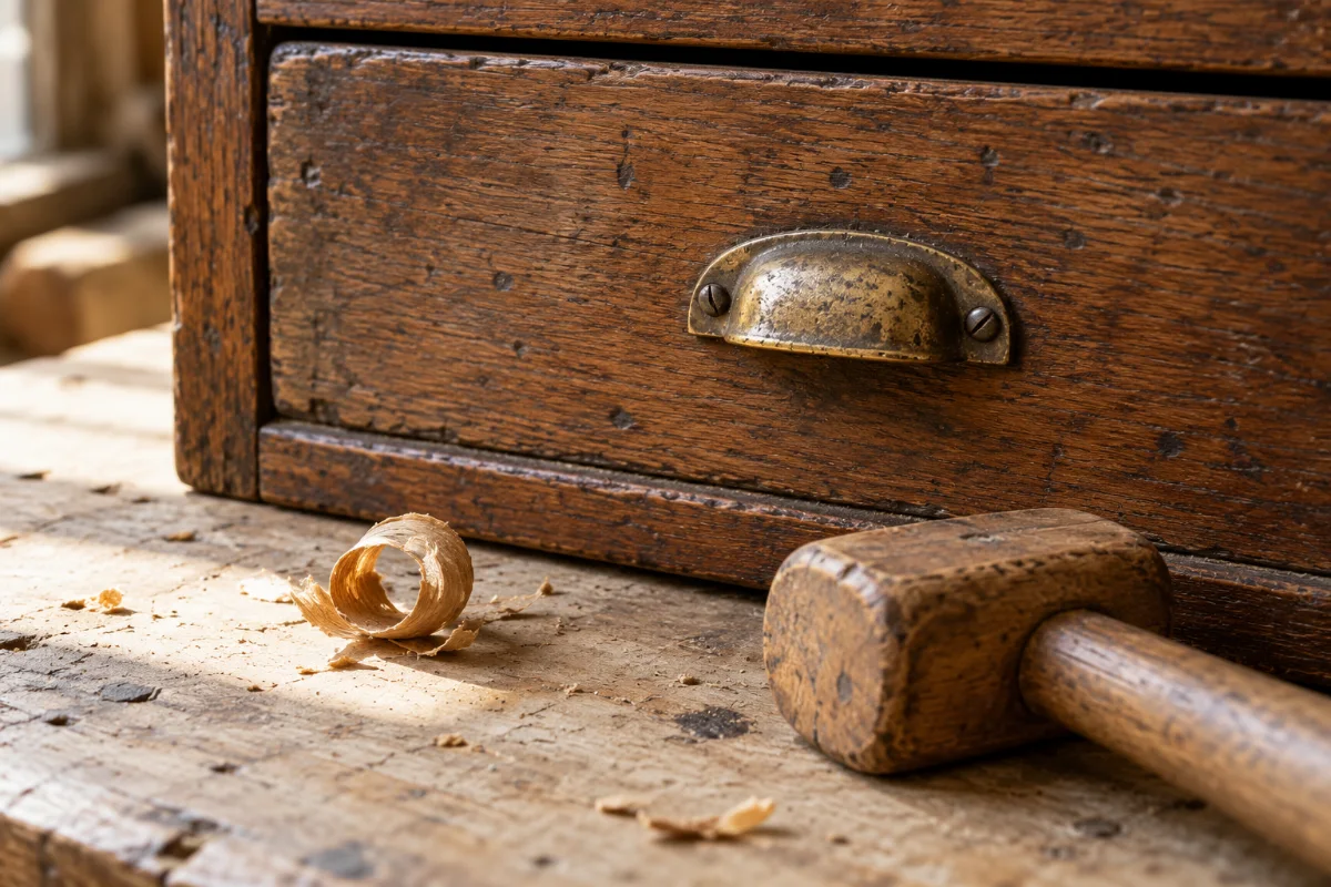 Détail d’un tiroir en chêne ancien et d’outils de travail du bois, illustration d’ambiance